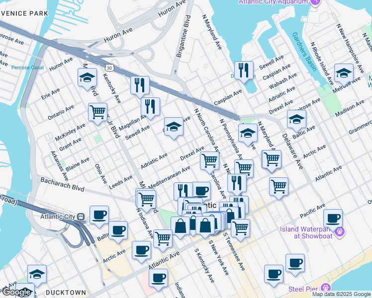 map of restaurants, bars, coffee shops, grocery stores, and more near 341 North Tennessee Avenue in Atlantic City