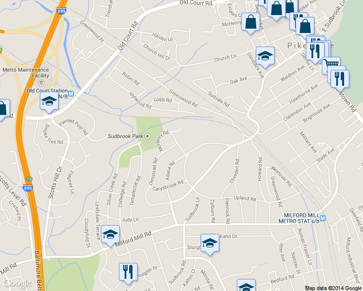 map of restaurants, bars, coffee shops, grocery stores, and more near 1009 Kingston Road in Pikesville