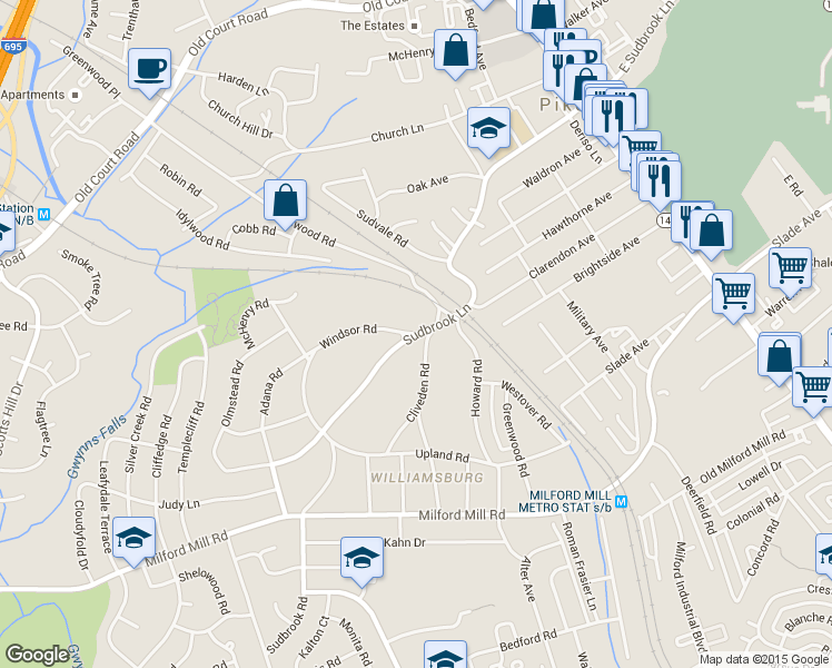 map of restaurants, bars, coffee shops, grocery stores, and more near 500 Sudbrook Lane in Pikesville
