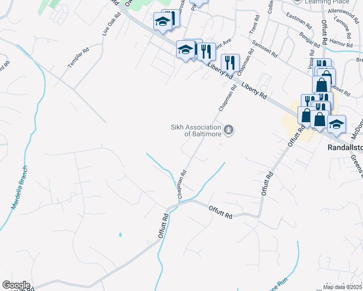 map of restaurants, bars, coffee shops, grocery stores, and more near 3414 Chapman Road in Randallstown
