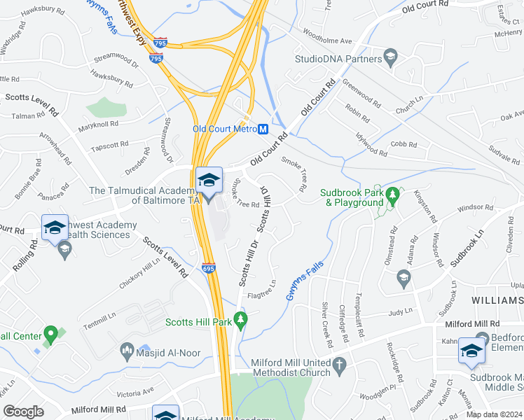 map of restaurants, bars, coffee shops, grocery stores, and more near 1028 Scotts Hill Drive in Pikesville
