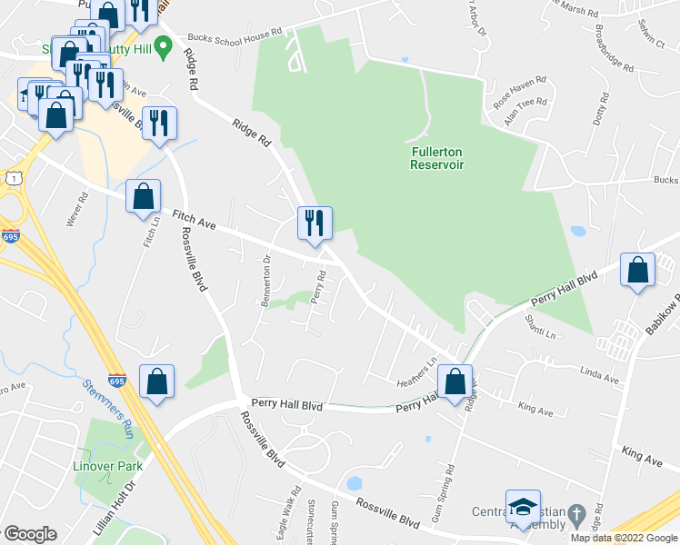 map of restaurants, bars, coffee shops, grocery stores, and more near 4607 Ridge Road in Nottingham
