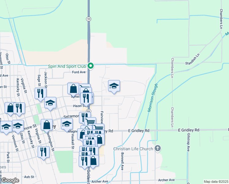 map of restaurants, bars, coffee shops, grocery stores, and more near 300 East Spruce Street in Gridley