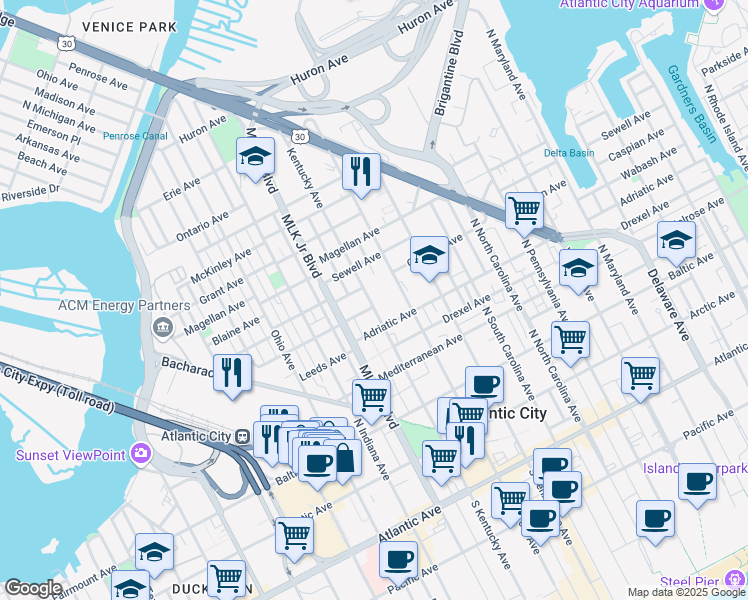 map of restaurants, bars, coffee shops, grocery stores, and more near 431 Kentucky Avenue in Atlantic City