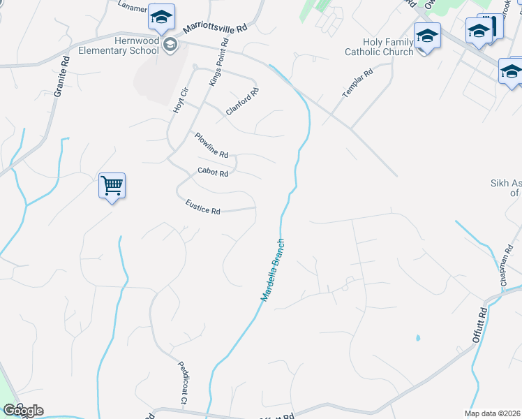 map of restaurants, bars, coffee shops, grocery stores, and more near 9626 Mendoza Road in Randallstown