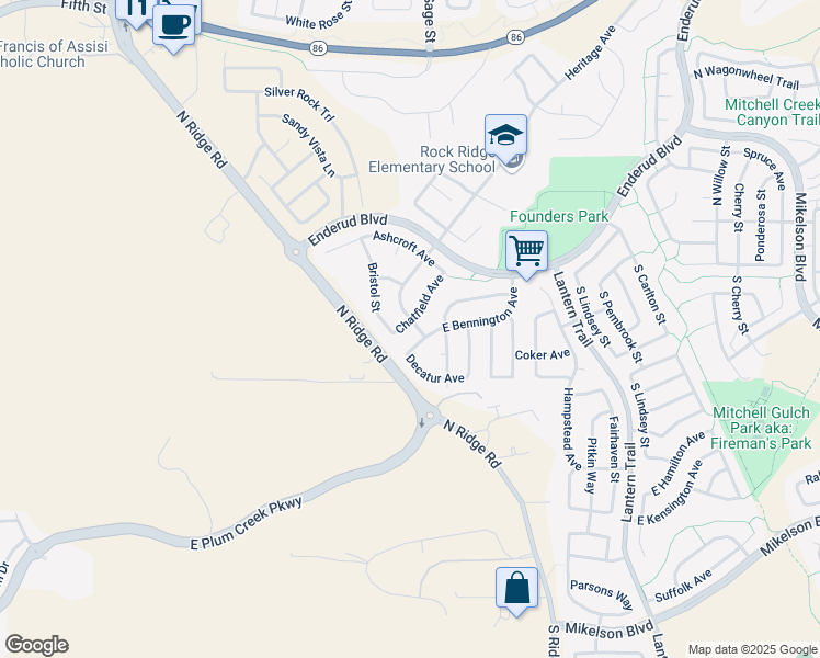 map of restaurants, bars, coffee shops, grocery stores, and more near 220 Chatfield Avenue in Castle Rock
