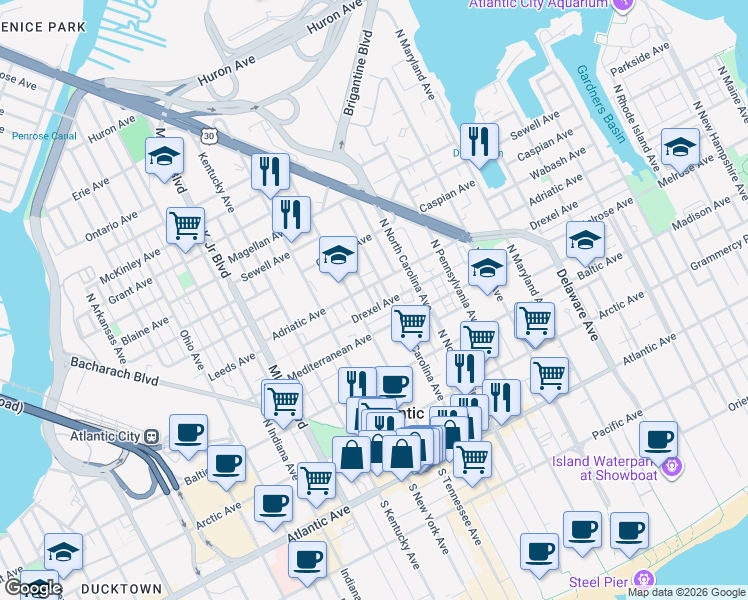 map of restaurants, bars, coffee shops, grocery stores, and more near 1227 Drexel Avenue in Atlantic City