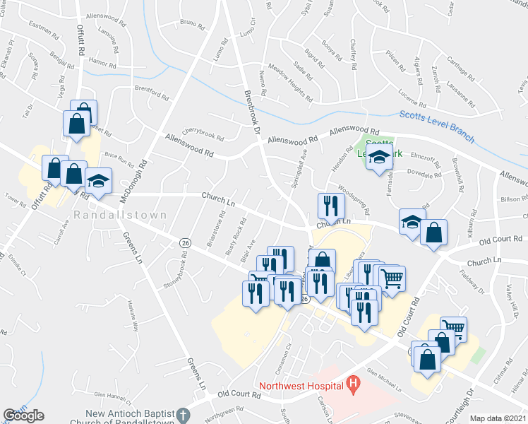 map of restaurants, bars, coffee shops, grocery stores, and more near 8808 Church Lane in Randallstown