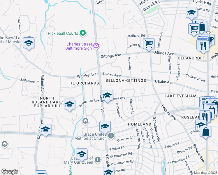 map of restaurants, bars, coffee shops, grocery stores, and more near 5710 Charlestowne Drive in Baltimore