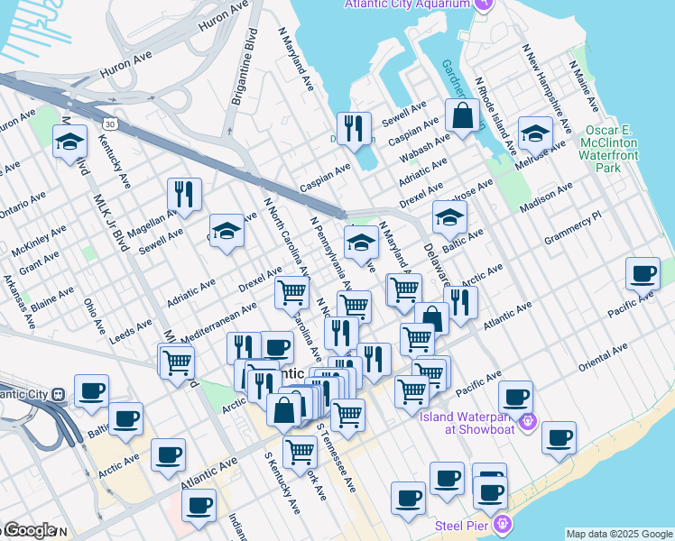 map of restaurants, bars, coffee shops, grocery stores, and more near 238 North Pennsylvania Avenue in Atlantic City