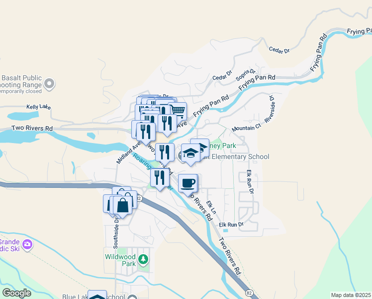 map of restaurants, bars, coffee shops, grocery stores, and more near 167 Swinging Bridge Lane in Basalt