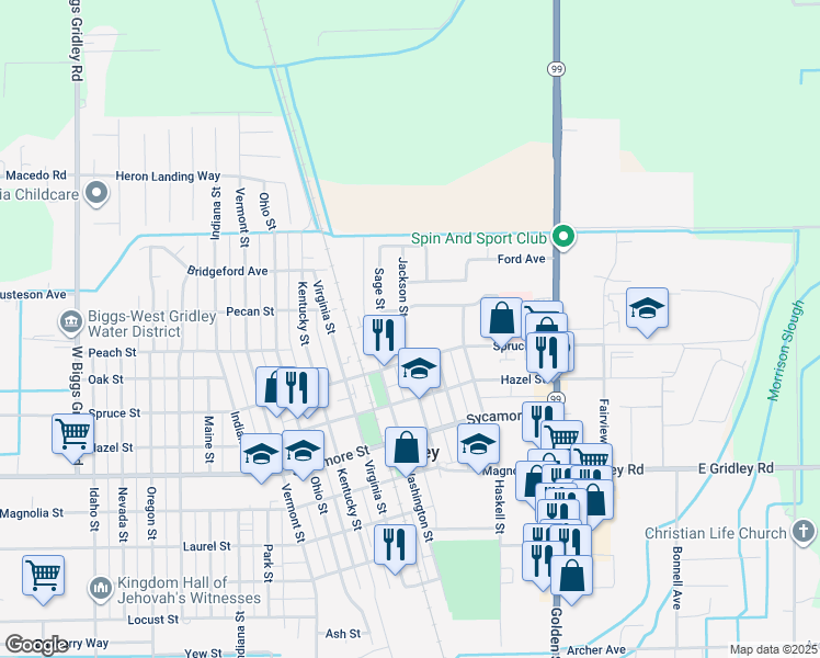 map of restaurants, bars, coffee shops, grocery stores, and more near 960 Jackson Street in Gridley