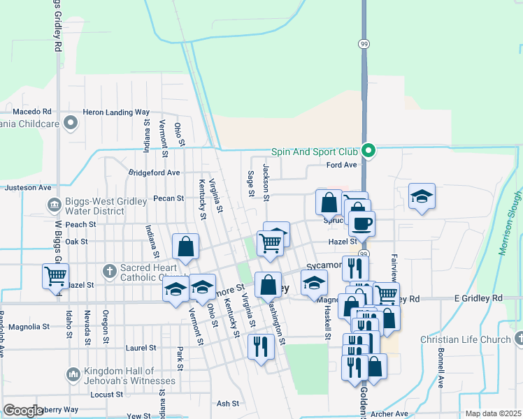map of restaurants, bars, coffee shops, grocery stores, and more near 960 Jackson Street in Gridley
