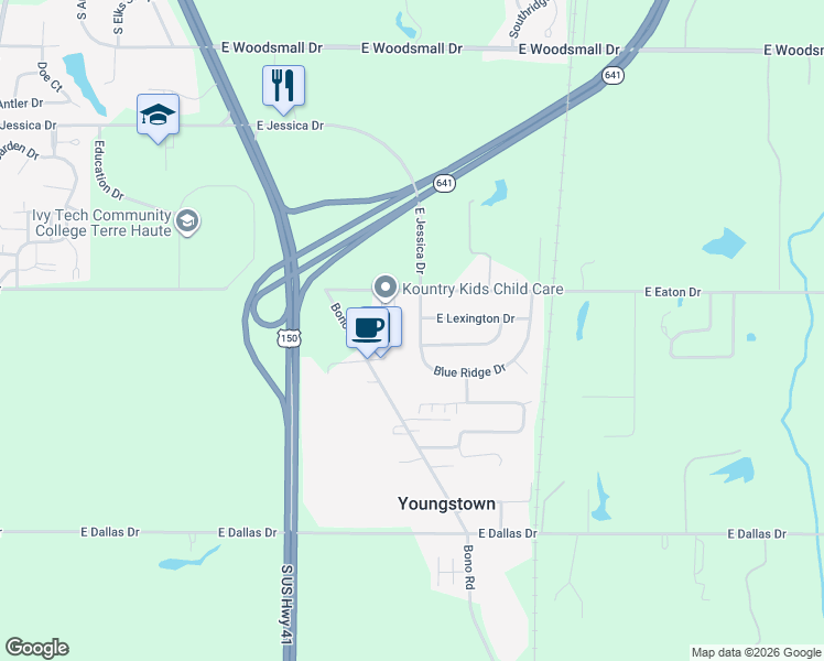 map of restaurants, bars, coffee shops, grocery stores, and more near 2011 Blue Ridge Drive in Terre Haute