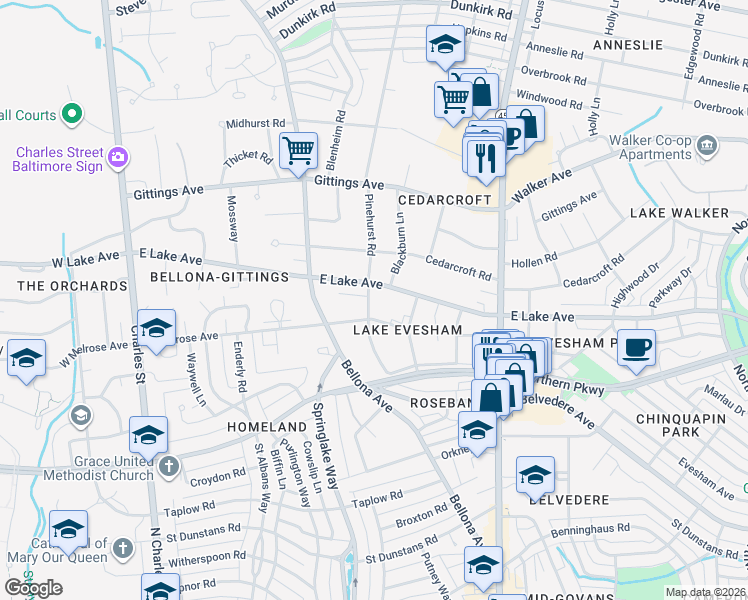 map of restaurants, bars, coffee shops, grocery stores, and more near 6027 Pinehurst Road in Baltimore