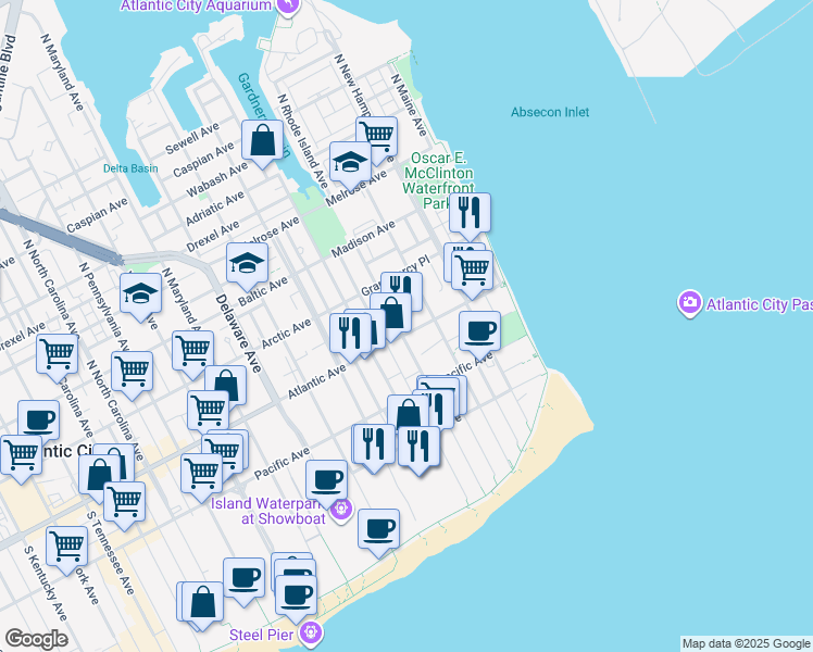 map of restaurants, bars, coffee shops, grocery stores, and more near 311 Atlantic Avenue in Atlantic City