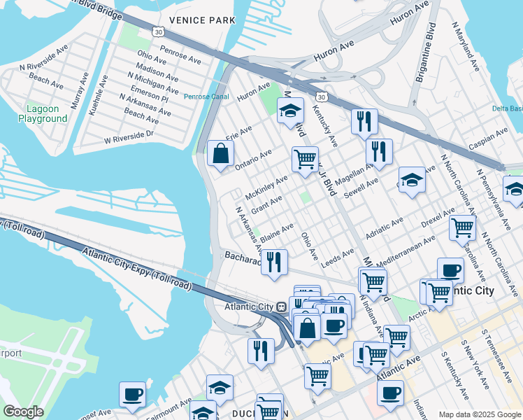 map of restaurants, bars, coffee shops, grocery stores, and more near 2017 Grant Avenue in Atlantic City