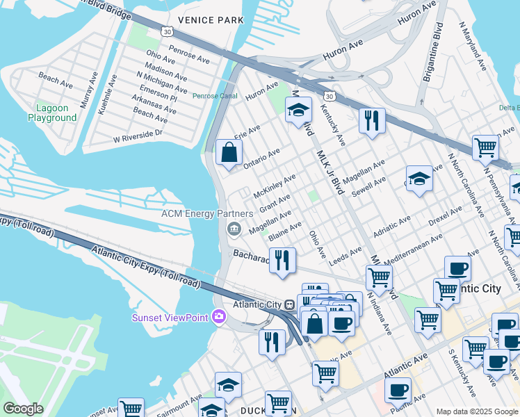 map of restaurants, bars, coffee shops, grocery stores, and more near 2017 Grant Avenue in Atlantic City