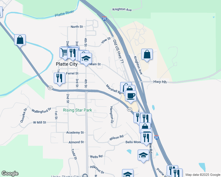 map of restaurants, bars, coffee shops, grocery stores, and more near 233-301 Marshall Road in Platte City