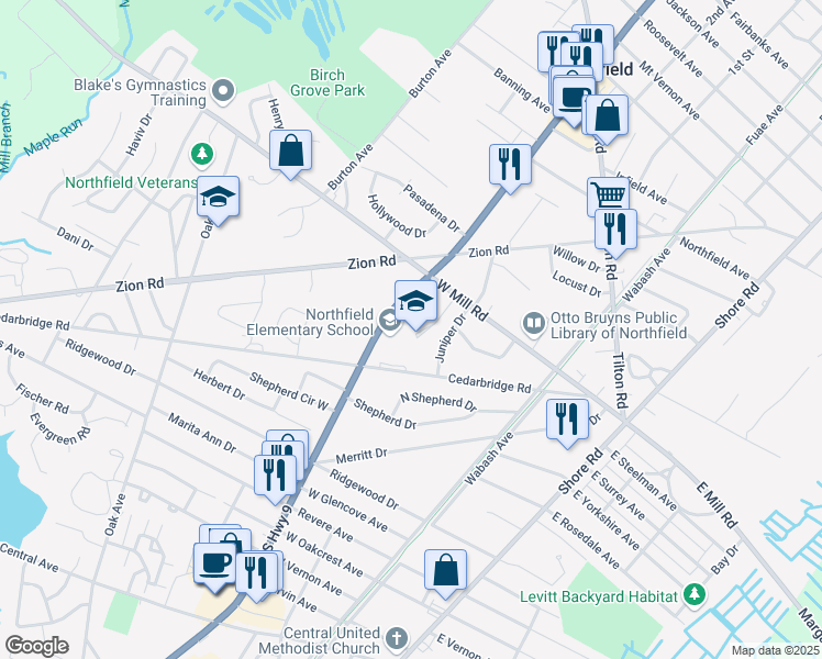 map of restaurants, bars, coffee shops, grocery stores, and more near 2000 New Road in Northfield