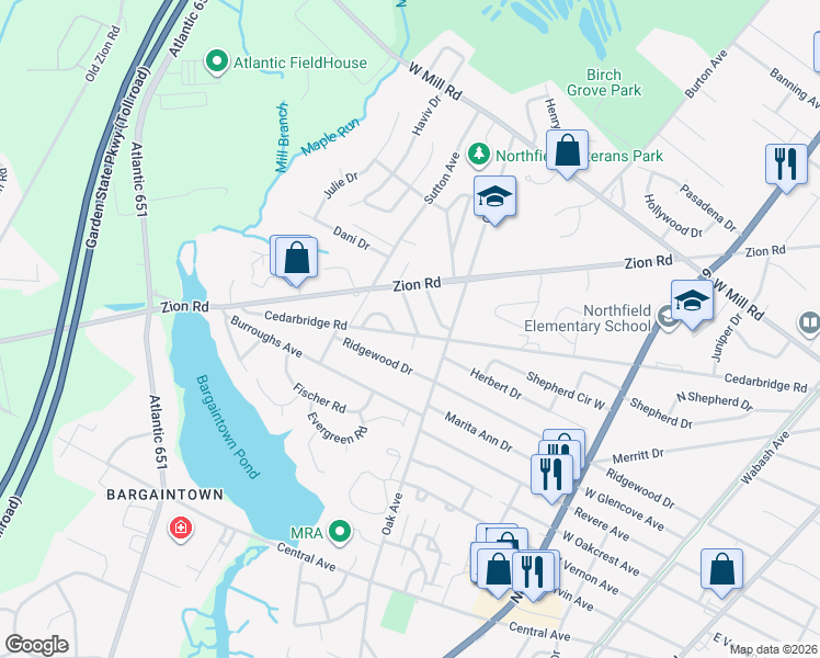 map of restaurants, bars, coffee shops, grocery stores, and more near 8 Cedar Drive in Northfield