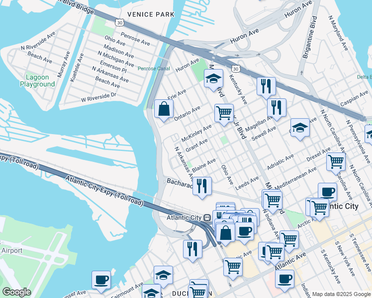 map of restaurants, bars, coffee shops, grocery stores, and more near 2017 Grant Avenue in Atlantic City