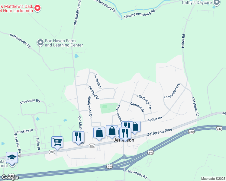 map of restaurants, bars, coffee shops, grocery stores, and more near 4917 Shadywood Drive in Jefferson