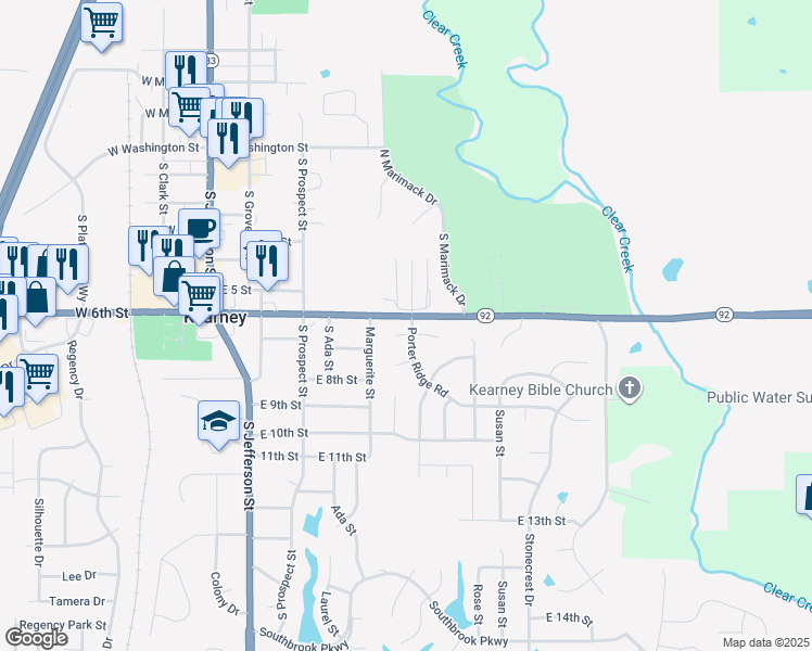 map of restaurants, bars, coffee shops, grocery stores, and more near 516 East 7th Street in Kearney
