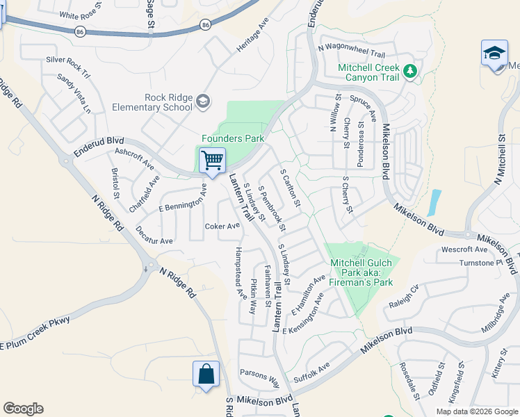map of restaurants, bars, coffee shops, grocery stores, and more near 246 South Lindsey Street in Castle Rock