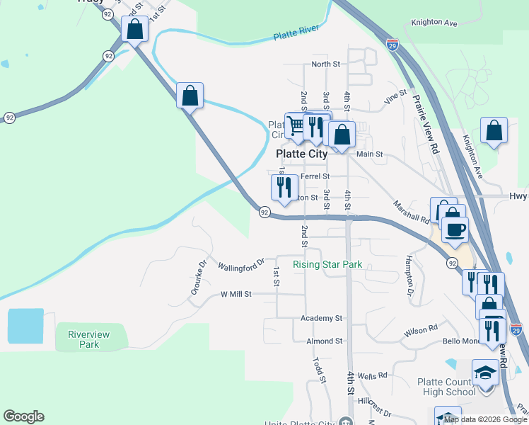 map of restaurants, bars, coffee shops, grocery stores, and more near 21 Branch Street in Platte City