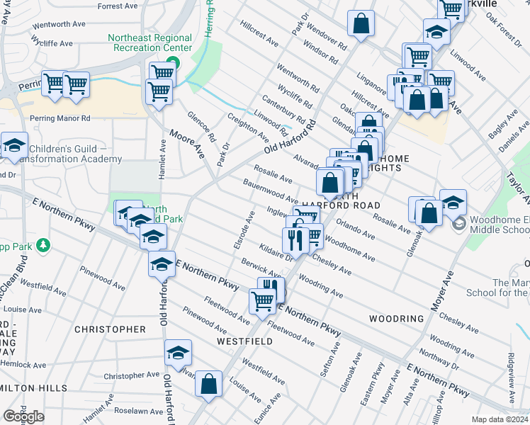 map of restaurants, bars, coffee shops, grocery stores, and more near 2807 Inglewood Avenue in Baltimore