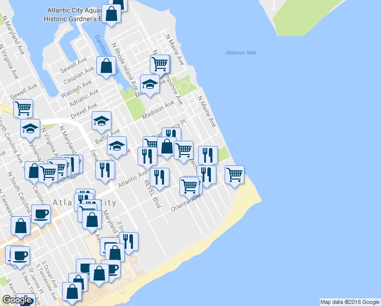 map of restaurants, bars, coffee shops, grocery stores, and more near 10 Belle Haven Court in Atlantic City