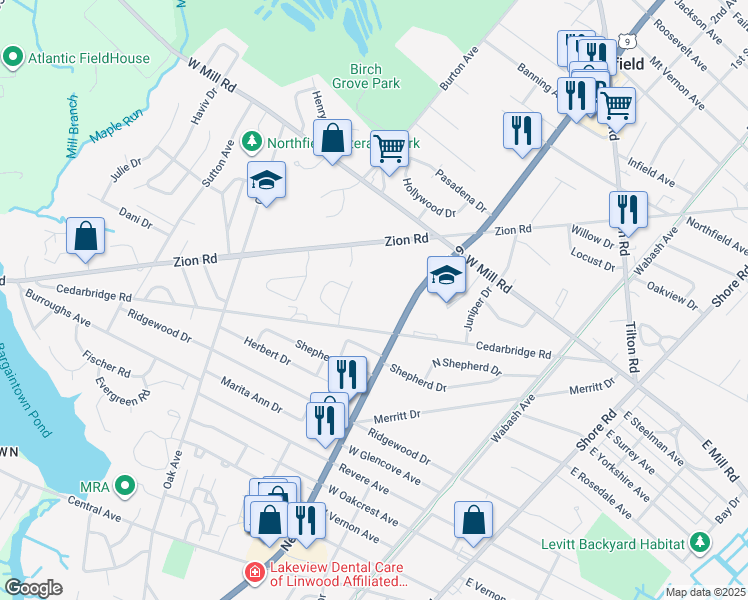 map of restaurants, bars, coffee shops, grocery stores, and more near 2111 New Road in Northfield