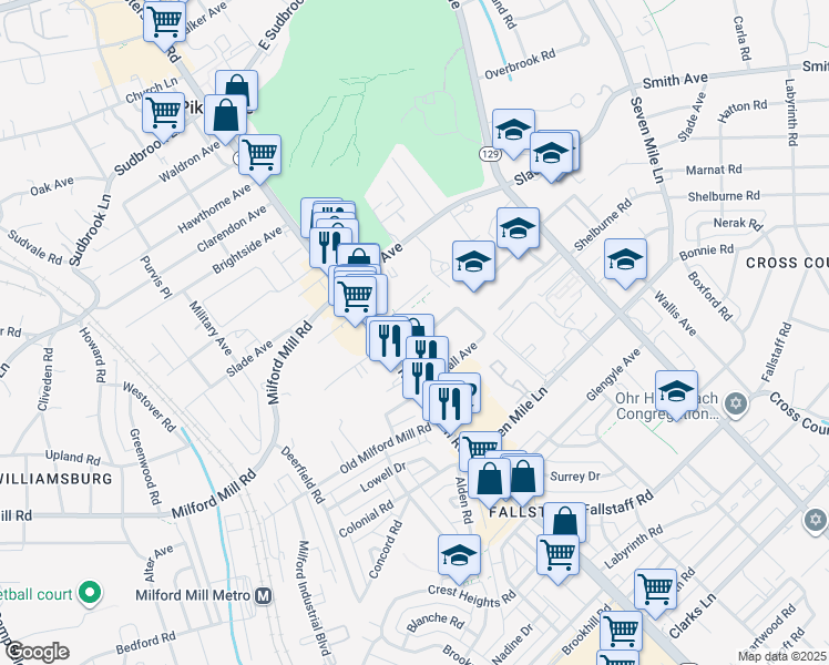 map of restaurants, bars, coffee shops, grocery stores, and more near 20 Maryland Avenue in Pikesville
