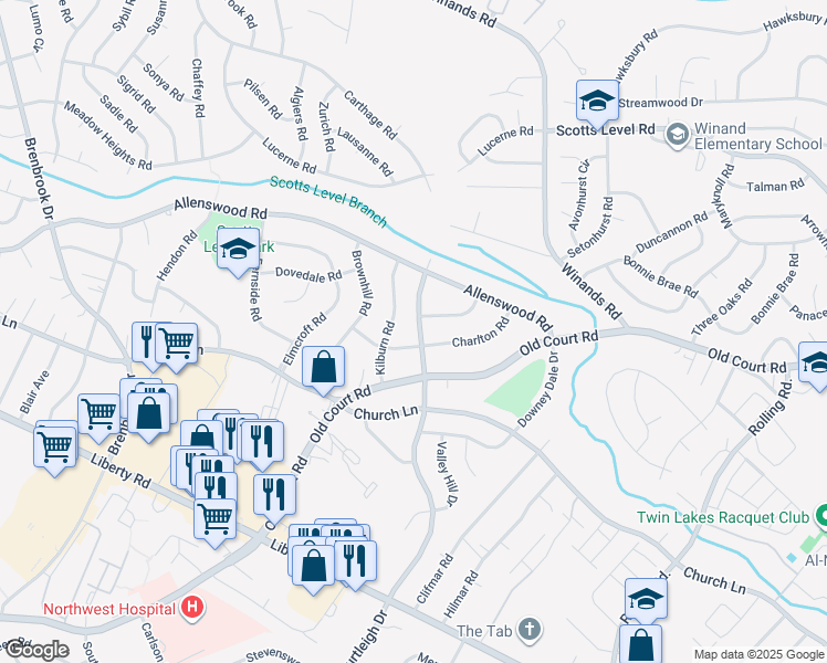 map of restaurants, bars, coffee shops, grocery stores, and more near 3808 Courtleigh Drive in Randallstown