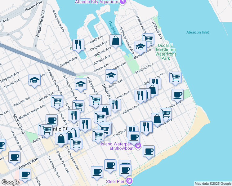 map of restaurants, bars, coffee shops, grocery stores, and more near 112 N New Jersey Ave in Atlantic City