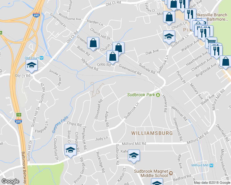 map of restaurants, bars, coffee shops, grocery stores, and more near 1011 Kingston Road in Pikesville