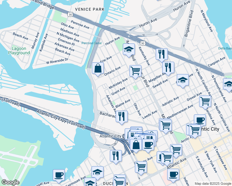map of restaurants, bars, coffee shops, grocery stores, and more near 2017 Grant Avenue in Atlantic City