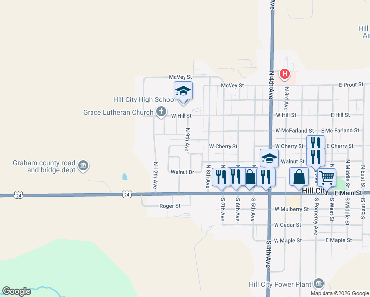 map of restaurants, bars, coffee shops, grocery stores, and more near 62 Walnut Drive in Hill City