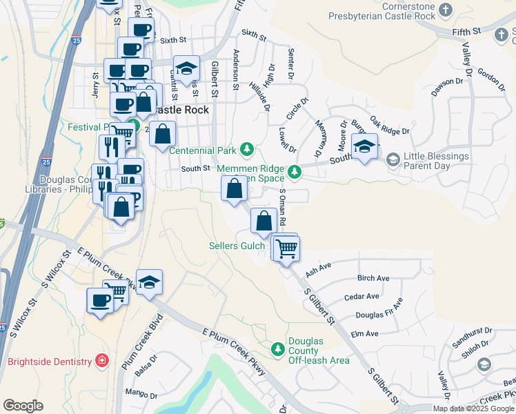 map of restaurants, bars, coffee shops, grocery stores, and more near 402 South Gilbert Street in Castle Rock
