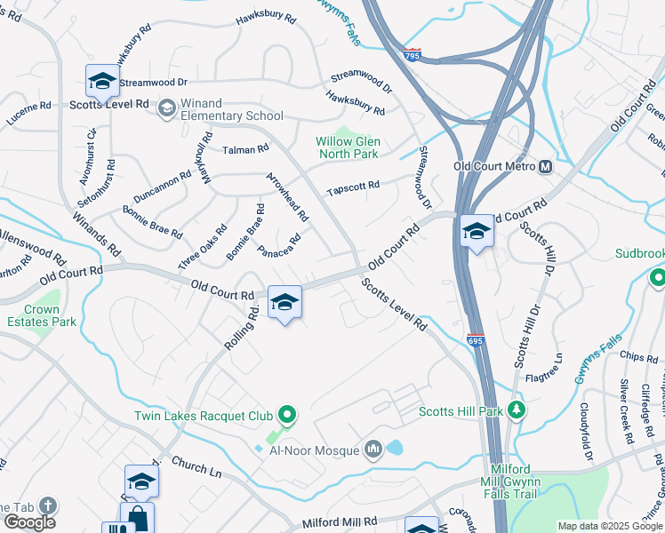 map of restaurants, bars, coffee shops, grocery stores, and more near 4609 Tema Road in Pikesville
