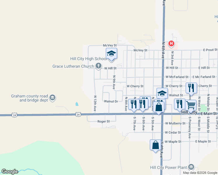 map of restaurants, bars, coffee shops, grocery stores, and more near 62 Walnut Drive in Hill City