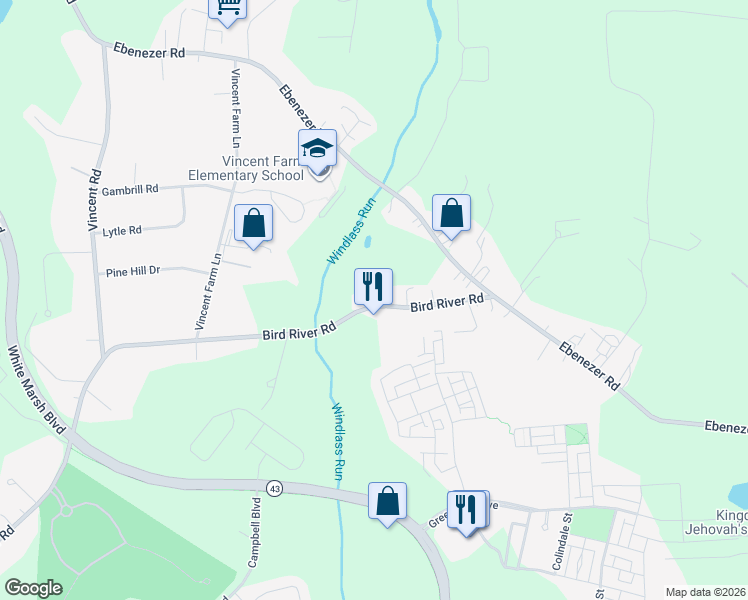map of restaurants, bars, coffee shops, grocery stores, and more near 10534 Bird River Road in Middle River