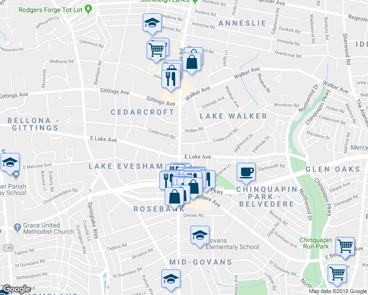 map of restaurants, bars, coffee shops, grocery stores, and more near 6109 York Road in Baltimore