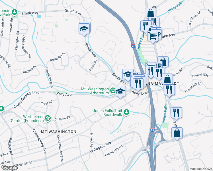 map of restaurants, bars, coffee shops, grocery stores, and more near 1808 Fairbank Road in Baltimore