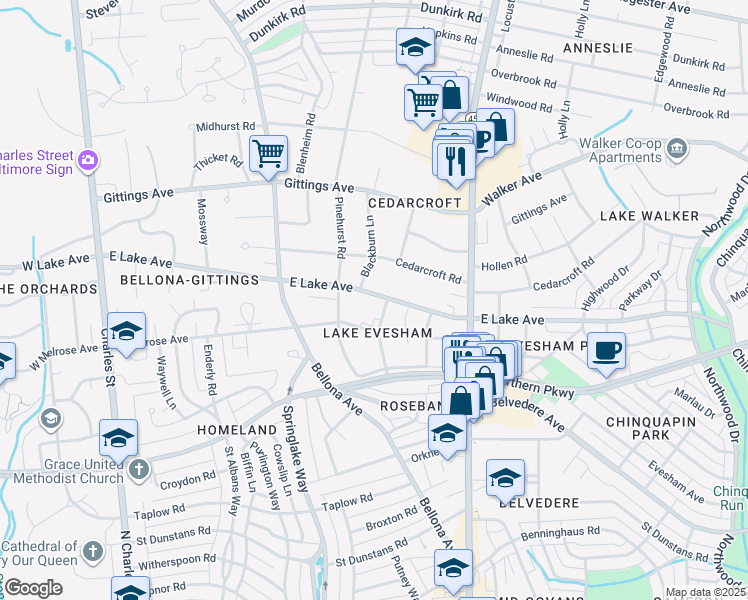 map of restaurants, bars, coffee shops, grocery stores, and more near 315 East Lake Avenue in Baltimore