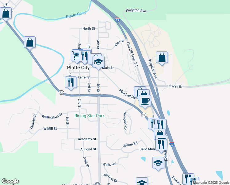 map of restaurants, bars, coffee shops, grocery stores, and more near 508 Branch Street in Platte City