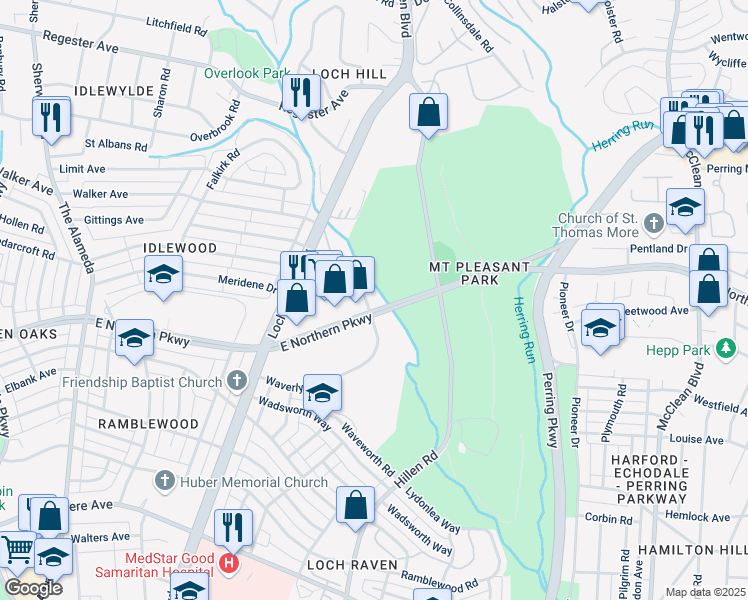 map of restaurants, bars, coffee shops, grocery stores, and more near 1900 East Northern Parkway in Baltimore