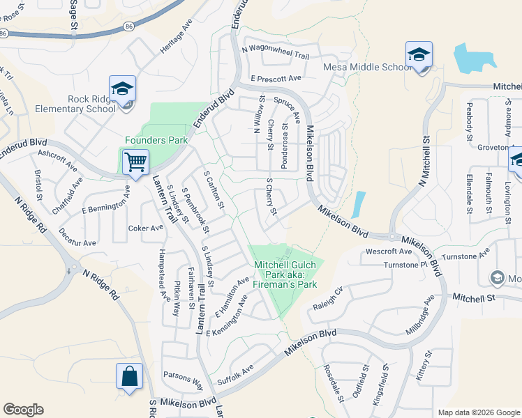 map of restaurants, bars, coffee shops, grocery stores, and more near 5354 High Plains Place in Castle Rock