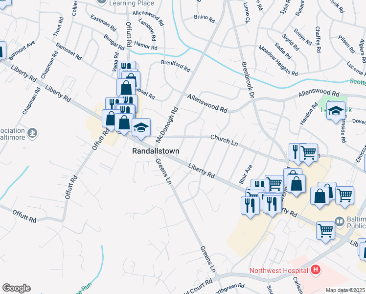 map of restaurants, bars, coffee shops, grocery stores, and more near 3607 Fieldstone Road in Randallstown